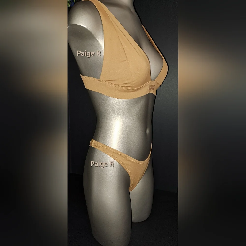 ❤NWT SKIMS Swim Plunge Top Cheeky Tanga Bikini Swimsuit Suit Set Brown ALMOND M